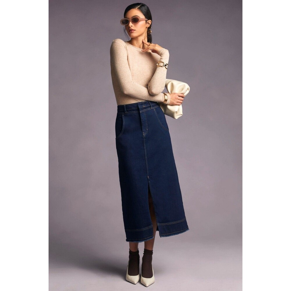 Pilcro Anthropologie Denim Midi Skirt Womens 2 Indigo Front Slit Raw Hem Boho